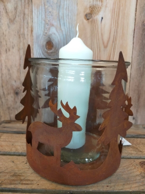 Candle holder with metal scene