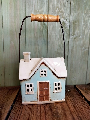 Blue ceramic house candle holder